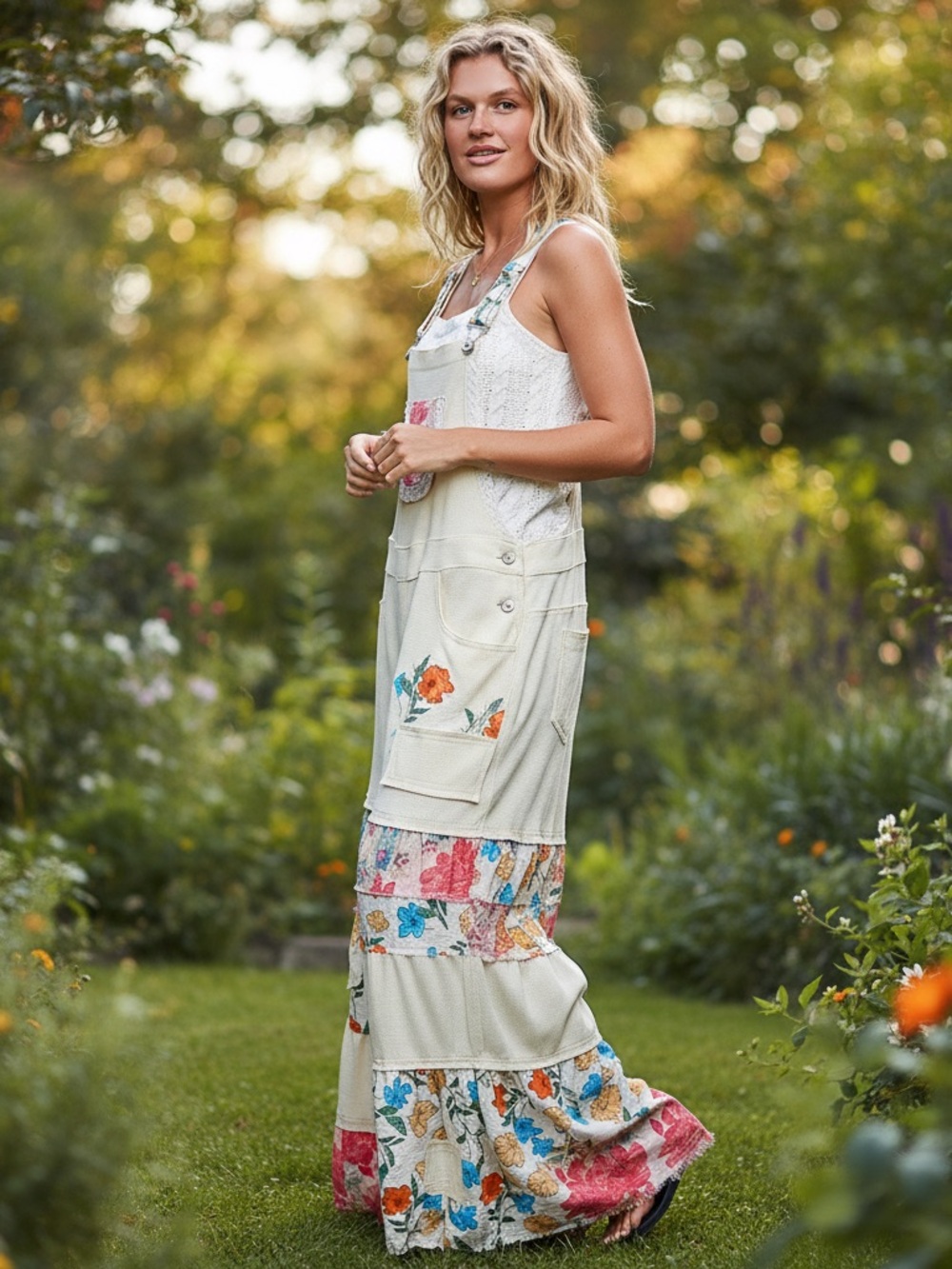 Cream Floral Patchwork Wide-Leg Overalls - Picture 5 of 12
